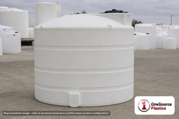 Snyder Industries 2650 Gallon HDPE Vertical Liquid Storage Tank with ASTM Certification. High Density Linear Polyethylene; White; dimensions 97.0in H x 102.0in W x 102.0in L; 510.0 lb empty; 1.5 specific gravity rating. Manufacturer part number SII-8390000N43. Sold by OneSource Plastics (https://www.onesourceplastics.com).