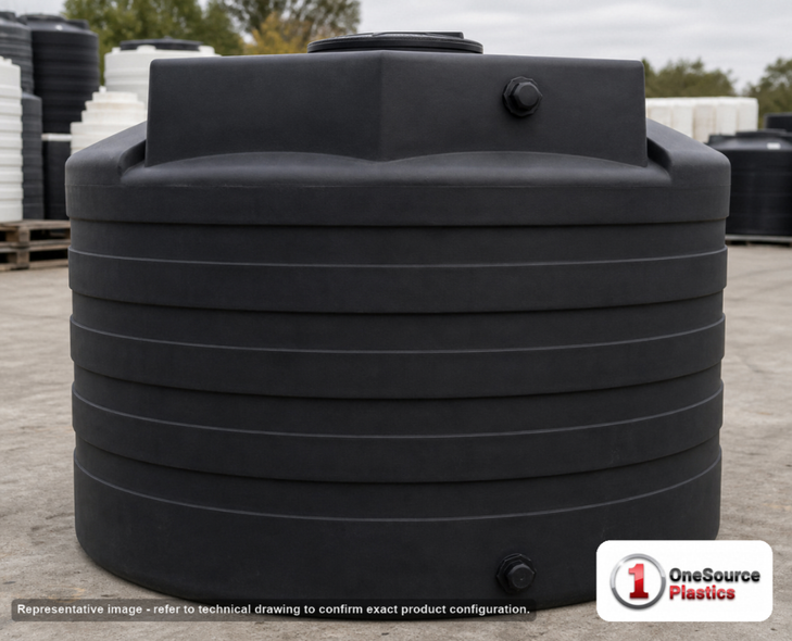 Bushman 2650 Gallon Black Vertical Water Storage Tank. 2650 gallon capacity; Polyethylene; Black; dimensions 80.0in H x 102.0in W x 102.0in L; 400.0 lb empty; 1.0 specific gravity rating; fittings: 1 Inlet , 1 Outlet , 1 Manway / Lid; max temp 120 deg  F / 48 deg  C; 3 Year Warranty. Manufacturer part number 45547. Manufactured by Norwesco. Sold by OneSource Plastics (https://www.onesourceplastics.com).