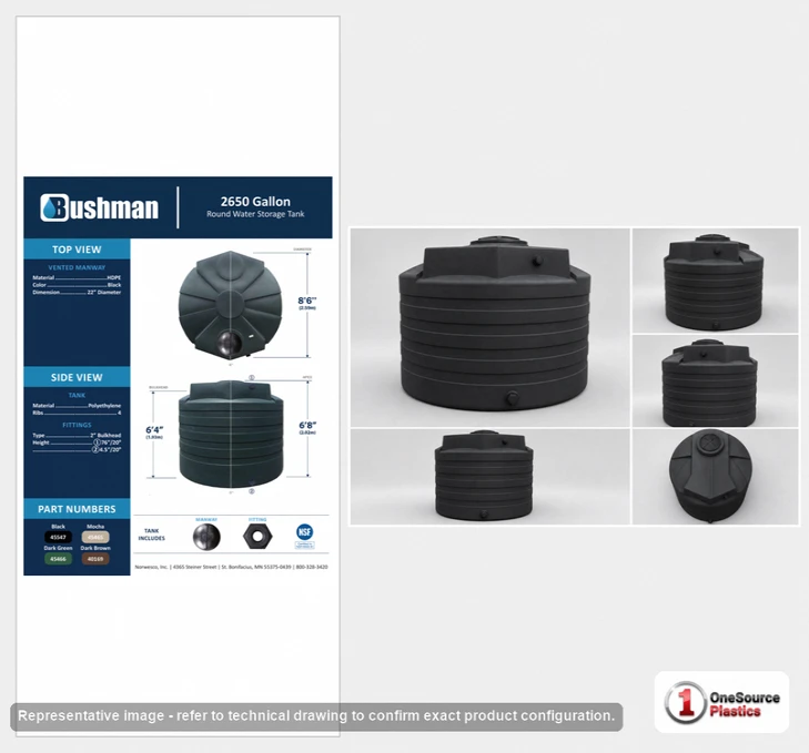 Dimensional spec drawing for Bushman 2650 Gallon Vertical Water Tank (102" L x 102" W x 80" H)