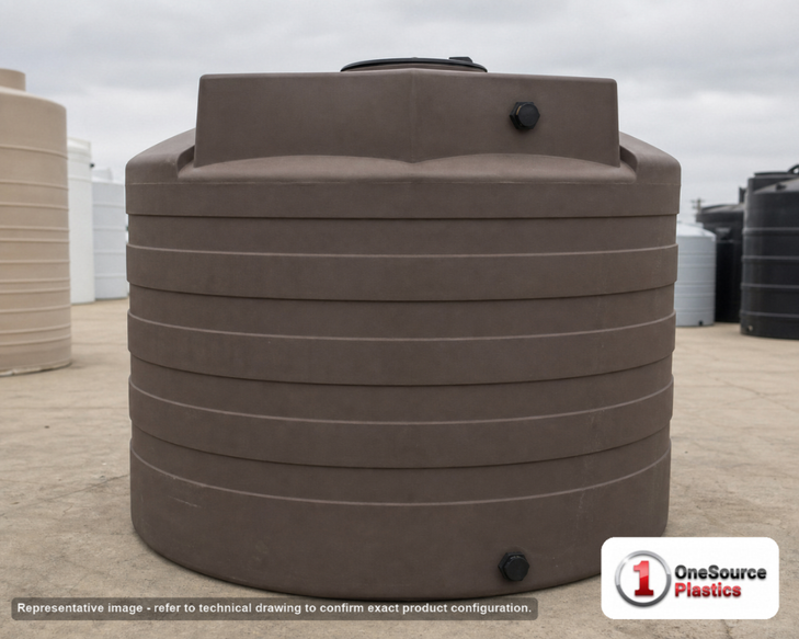 Bushman 2650 Gallon Mocha Vertical Water Storage Tank. 2650 gallon capacity; Polyethylene; Mocha; dimensions 80.0in H x 102.0in W x 102.0in L; 400.0 lb empty; 1.0 specific gravity rating; fittings: 1 Inlet , 1 Outlet , 1 Manway / Lid; max temp 120 deg  F / 48 deg  C; 3 Year Warranty. Manufacturer part number 45465. Manufactured by Norwesco. Sold by OneSource Plastics (https://www.onesourceplastics.com).
