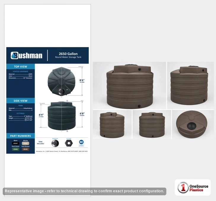 Dimensional spec drawing for Bushman 2650 Gallon Vertical Water Tank (102" L x 102" W x 80" H)