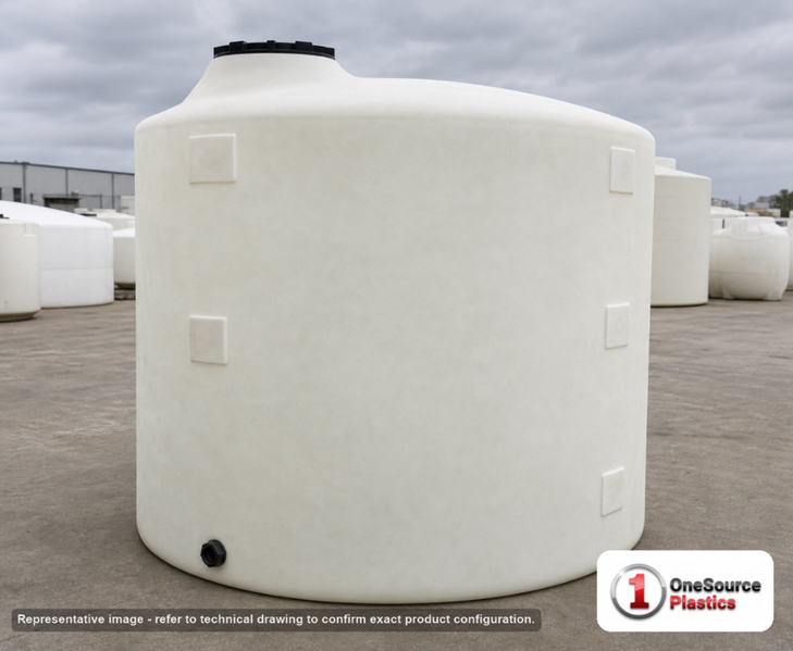 Chem-Tainer 2800 Gallon Plastic Vertical Liquid Storage Tank. 2800.0 gallon capacity; Polyethylene; Natural White; dimensions 98.0in H x 95.0in W x 95.0in L; 520.0 lb empty; 1.9 specific gravity rating; fittings: 1 Outlet , 1 Manway / Lid; max temp 120 deg  F / 48 deg  C; 3 Year Warranty. Manufacturer part number TC9598IA. Sold by OneSource Plastics (https://www.onesourceplastics.com).