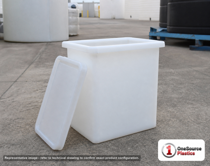 Chem-Tainer 3 Gallon Plastic Open Top Batch Storage Tank with Lid. 3.0 gallon capacity; Polyethylene; Natural White; dimensions 12.0in H x 6.0in W x 12.0in L; 4.0 lb empty; max temp 120 deg  F / 48 deg  C; 3 Year Warranty. Manufacturer part number r12x612a. Sold by OneSource Plastics (https://www.onesourceplastics.com).