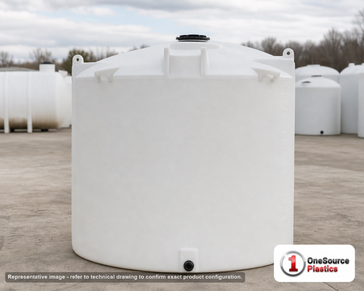 Snyder Industries 3000 Gallon HDPE Vertical Liquid Storage Tank with ASTM Certification. 3000.0 gallon capacity; High Density Linear Polyethylene; White; dimensions 127.0in H x 90.0in W x 90.0in L; 800.0 lb empty; 1.9 specific gravity rating; fittings: 1 Manway / Lid; max temp 120 deg  F / 48 deg  C; 3 Year Warranty. Manufacturer part number 8160000n45. Manufactured by Snyder. Sold by OneSource Plastics (https://www.onesourceplastics.com).