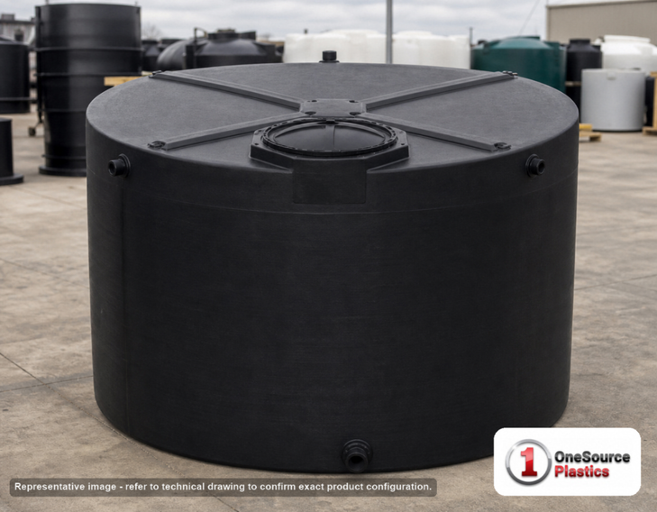 Bushman 3000 Gallon Black Rainwater Collection Storage Tank. Polyethylene; Black; dimensions 97.5in H x 102.0in W x 102.0in L; 413.0 lb empty; 1.0 specific gravity rating; fittings: 1 Manway / Lid, 3 Outlets, 1 Inlet; max temp 120 deg  F / 48 deg  C; 3 Year Warranty. Manufacturer part number 45835. Sold by OneSource Plastics (https://www.onesourceplastics.com).