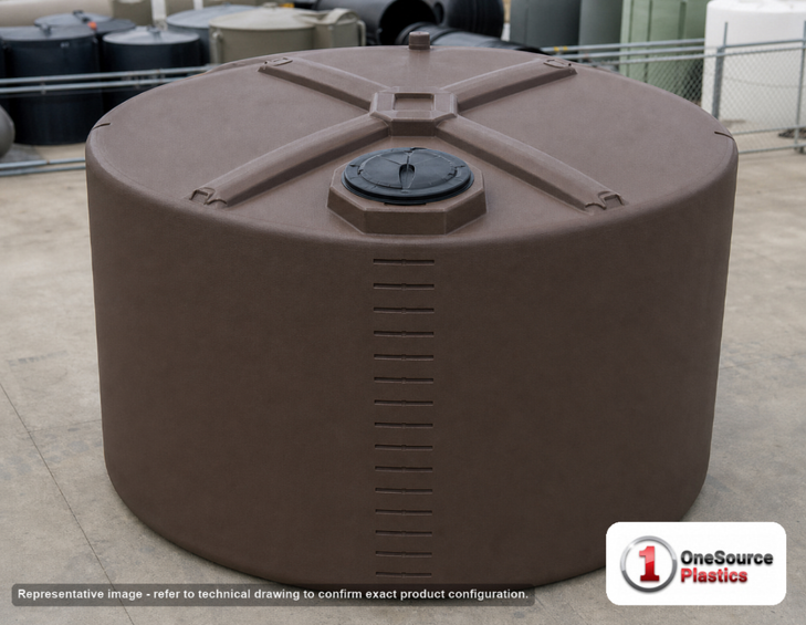 Bushman 3000 Gallon Dark Brown Rainwater Collection Storage Tank. Polyethylene; Dark Brown; dimensions 97.5in H x 102.0in W x 102.0in L; 413.0 lb empty; 1.0 specific gravity rating; fittings: 1 Manway / Lid, 3 Outlets, 1 Inlet; max temp 120 deg  F / 48 deg  C; 3 Year Warranty. Manufacturer part number 45843. Sold by OneSource Plastics (https://www.onesourceplastics.com).
