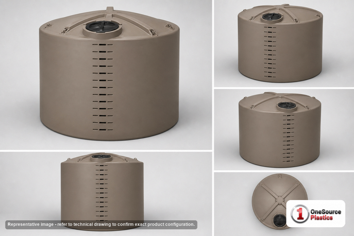 Dimensional spec drawing for Bushman 3000 Gallon Rainwater Tank (102" L x 102" W x 97.5" H)