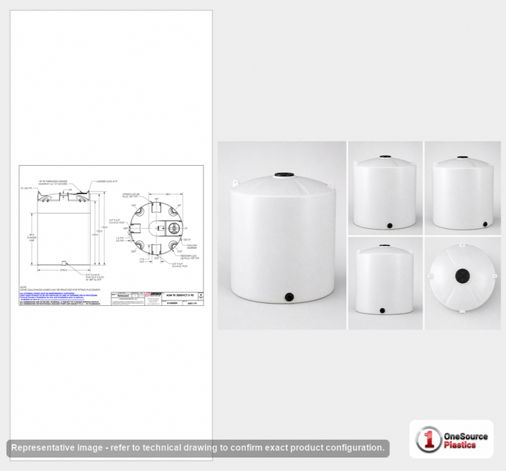Dimensional spec drawing for Snyder Industries 3000 Gallon Vertical Storage Tank (90" L x 90" W x 127" H)