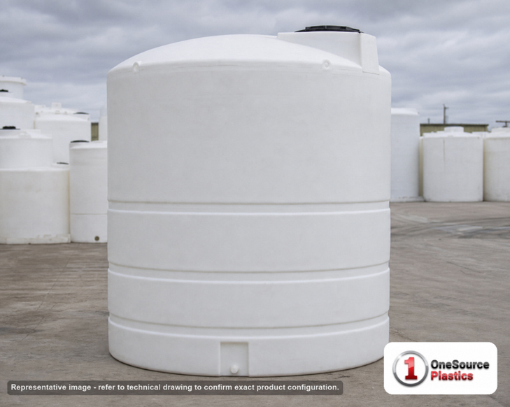 Snyder Industries 3650 Gallon HDPE Vertical Liquid Storage Tank with ASTM Certification. High Density Linear Polyethylene; White; dimensions 126.0in H x 102.0in W x 102.0in L; 780.0 lb empty; 1.5 specific gravity rating. Manufacturer part number SII-8190000N43. Sold by OneSource Plastics (https://www.onesourceplastics.com).