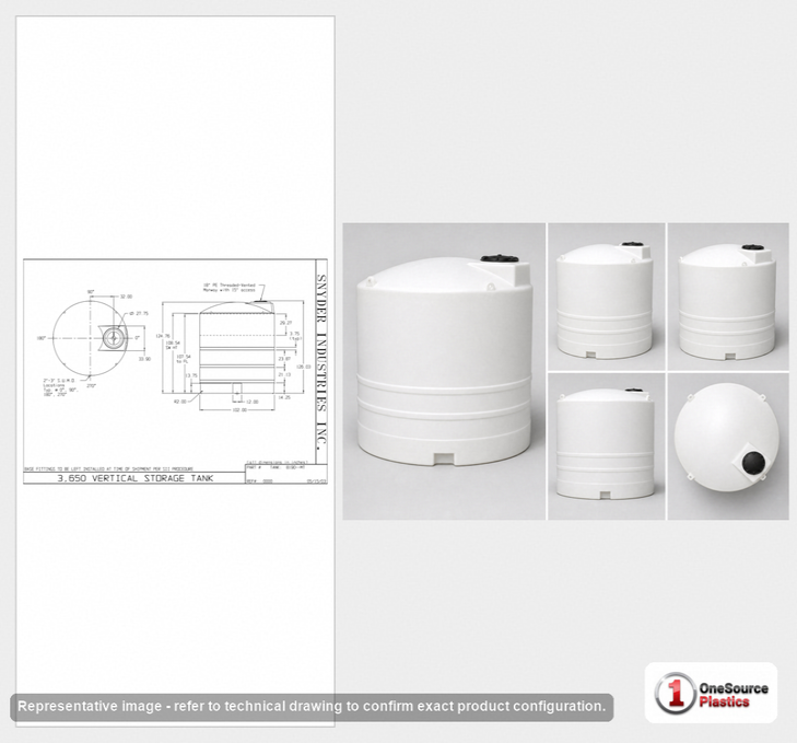 Dimensional spec drawing for Snyder Industries 3650 Gallon Vertical Storage Tank (102" L x 102" W x 126" H)