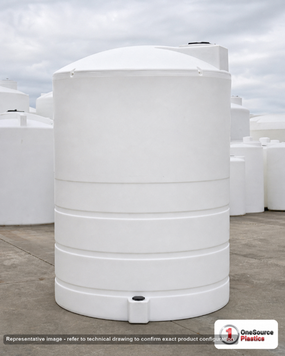 Snyder Industries 4650 Gallon HDPE Vertical Liquid Storage Tank with ASTM Certification. High Density Linear Polyethylene; White; dimensions 154.0in H x 102.0in W x 102.0in L; 1613.0 lb empty; 1.9 specific gravity rating. Manufacturer part number SII-8210000N45. Sold by OneSource Plastics (https://www.onesourceplastics.com).