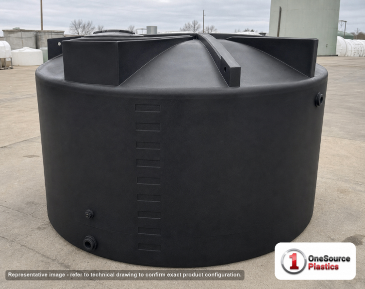 Bushman 5000 Gallon Black Rainwater Collection Tank. Polyethylene; Black; dimensions 92.0in H x 140.0in W x 140.0in L; 800.0 lb empty; 1.0 specific gravity rating; fittings: 1 Inlet , 2 Outlets , 1 Manway / Lid; max temp 120 deg  F / 48 deg  C; 3 Year Warranty. Manufacturer part number 30824. Manufactured by Bushman. Sold by OneSource Plastics (https://www.onesourceplastics.com).