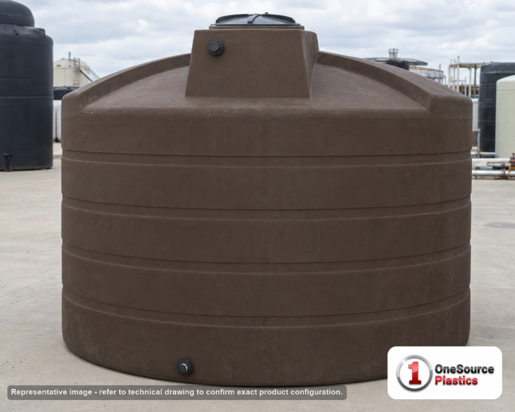 Bushman 5050 Gallon Dark Brown Vertical Water Storage Tank. 5050 gallon capacity; Polyethylene; Dark Brown; dimensions 96.0in H x 129.0in W x 129.0in L; 700.0 lb empty; 1.0 specific gravity rating; fittings: 1 Inlet , 1 Outlet , 1 Manway / Lid; max temp 120 deg  F / 48 deg  C; 3 Year Warranty. Manufacturer part number 40025. Manufactured by Norwesco. Sold by OneSource Plastics (https://www.onesourceplastics.com).