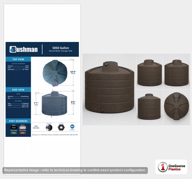 Dimensional spec drawing for Bushman 5050 Gallon Vertical Water Tank (129" L x 129" W x 96" H)
