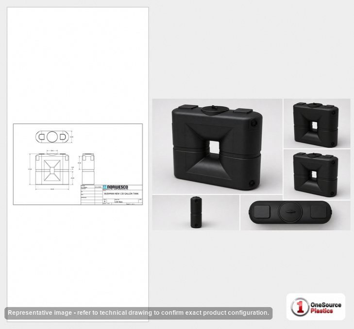 Dimensional spec drawing for Bushman 130 Gallon Slimline Rainwater Tank (50" L x 18" W x 48" H)