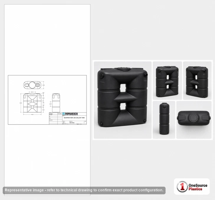 Dimensional spec drawing for Bushman 265 Gallon Slimline Rainwater Tank (59" L x 25" W x 62.5" H)