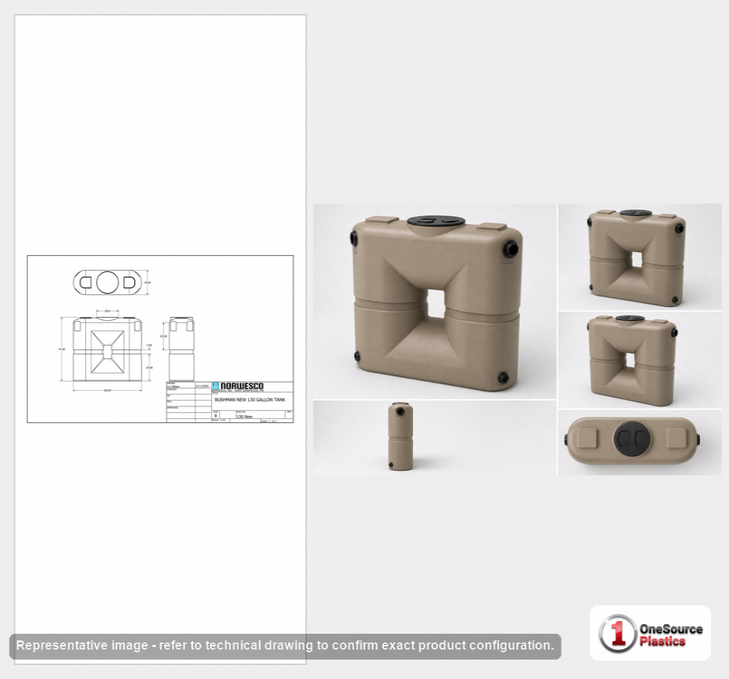 Dimensional spec drawing for Bushman 130 Gallon Slimline Rainwater Tank (50" L x 18" W x 48" H)
