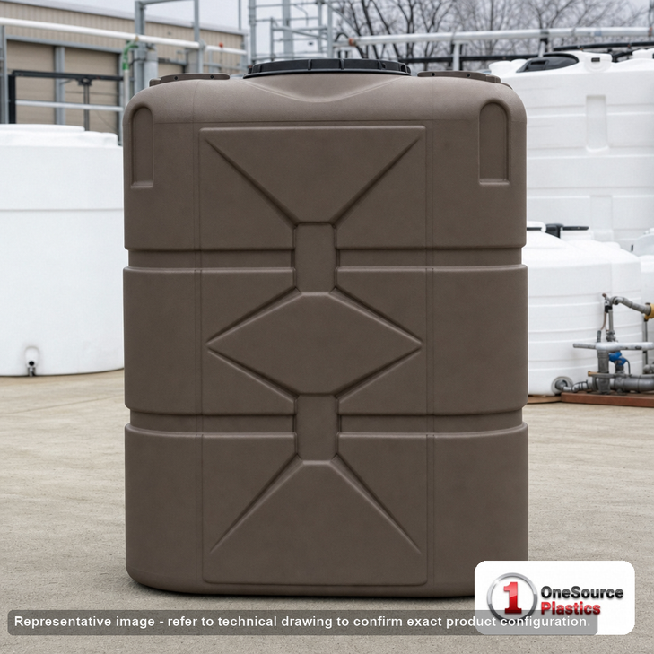 Bushman 265 Gallon Mocha Slimline Rainwater Storage Tank. 265 gallon capacity; Polyethylene; Mocha; dimensions 62.5in H x 25.0in W x 59.0in L; 119.0 lb empty; 1.0 specific gravity rating; fittings: 1 Manway / Lid, 3 Outlets, 1 Inlet; max temp 120 deg  F / 48 deg  C; 3 Year Warranty. Manufacturer part number 45492-ca. Manufactured by Norwesco. Sold by OneSource Plastics (https://www.onesourceplastics.com).