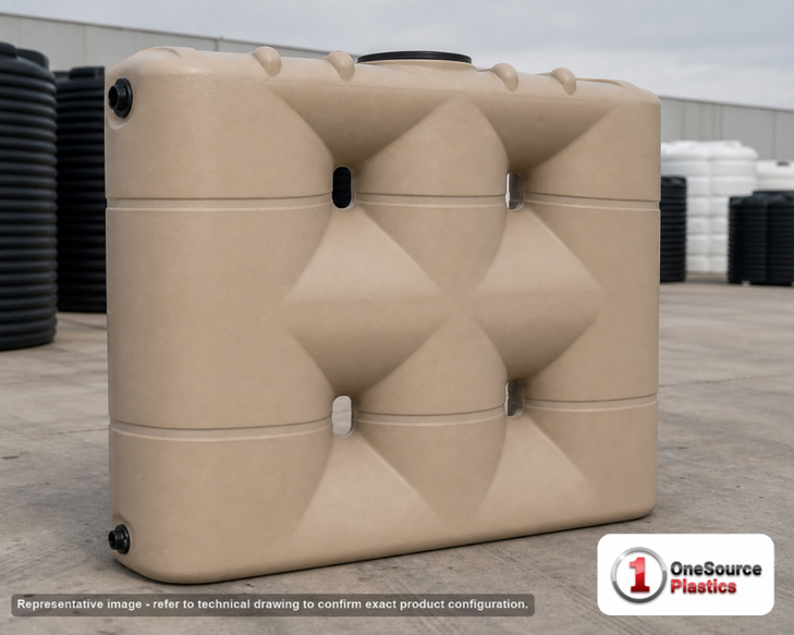 Bushman 530 Gallon Mocha Slimline Rainwater Storage Tank. 530 gallon capacity; Polyethylene; Mocha; 78" H x 25" W x 86" L