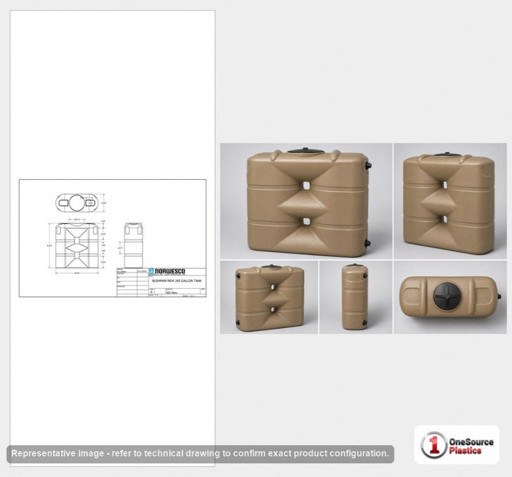 Dimensional spec drawing for Bushman 265 Gallon Slimline Water Storage Tank (59" L x 25" W x 62.5" H)