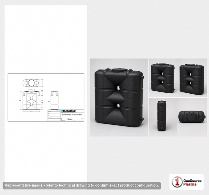 Dimensional spec drawing for Bushman 265 Gallon Slimline Water Storage Tank (59" L x 25" W x 62.5" H)