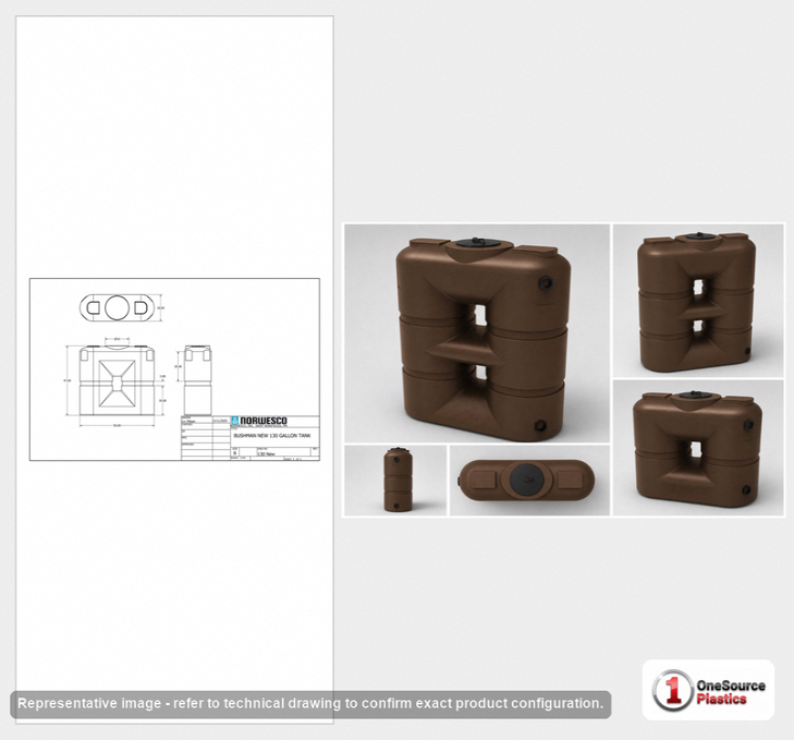 Dimensional spec drawing for Bushman 130 Gallon Slimline Rainwater Tank (50" L x 18" W x 48" H)