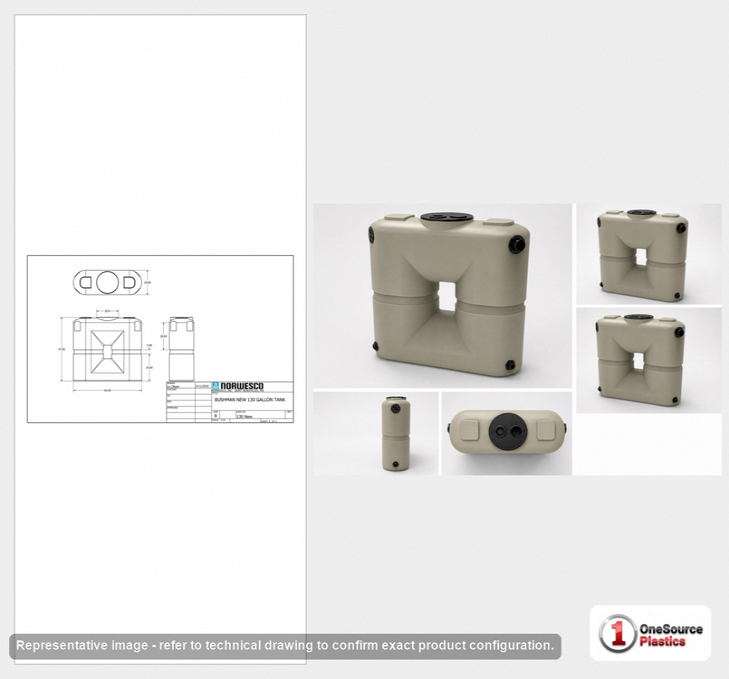 Dimensional spec drawing for Bushman 130 Gallon Slimline Water Storage Tank (50" L x 18" W x 48" H)