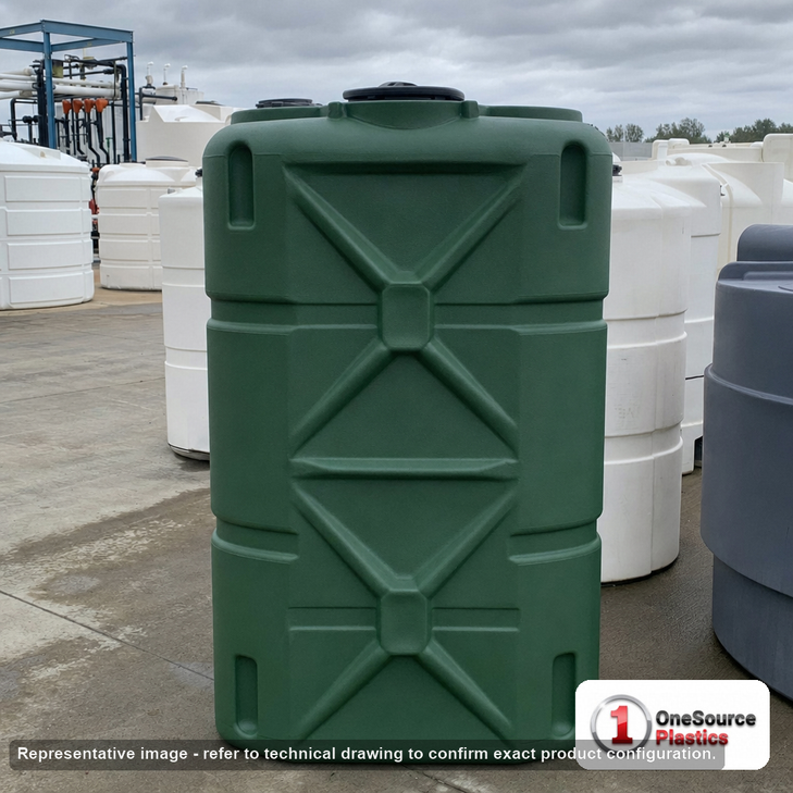 Bushman 265 Gallon Green Slimline Rainwater Storage Tank. 265 gallon capacity; Polyethylene; Green; dimensions 62.5in H x 25.0in W x 59.0in L; 119.0 lb empty; 1.0 specific gravity rating; fittings: 1 Manway / Lid, 3 Outlets, 1 Inlet; max temp 120 deg  F / 48 deg  C; 3 Year Warranty. Manufacturer part number 45494-ca. Manufactured by Norwesco. Sold by OneSource Plastics (https://www.onesourceplastics.com).