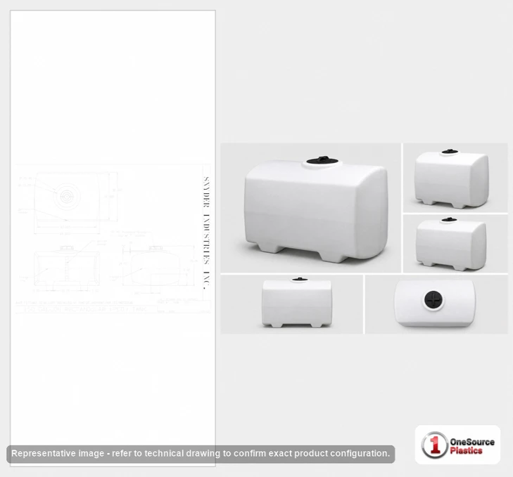 Dimensional spec drawing for Snyder Industries 150 Gallon Portable Tank (48" L x 36" W x 29" H)