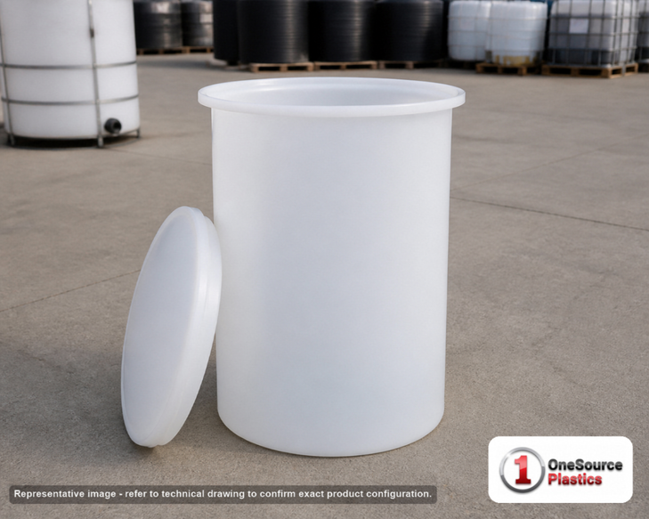 Chem-Tainer 150 Gallon Plastic Open Top Batch Storage Tank. 150 gallon capacity; Polyethylene; Natural White; 48" H x 31" W