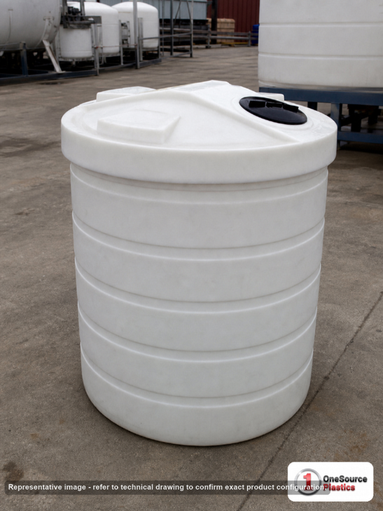 Chem-Tainer 150 Gallon Plastic Vertical Double Wall Liquid Chemical Storage Tank. 150.0 gallon capacity; Polyethylene; Natural White; dimensions 48.0in H x 34.0in W x 34.0in L; 104.0 lb empty; 1.9 specific gravity rating; fittings: 1 Manway / Lid; max temp 120 deg  F / 48 deg  C; 3 Year Warranty. Manufacturer part number TC3448DC. Sold by OneSource Plastics (https://www.onesourceplastics.com).