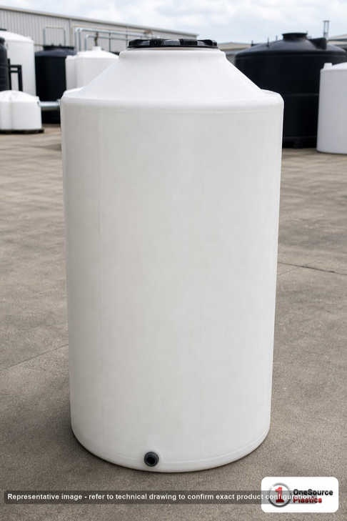 Chem-Tainer 200 Gallon Plastic Vertical Liquid Storage Tank. 200.0 gallon capacity; Polyethylene; White; dimensions 72.0in H x 31.0in W x 31.0in L; 70.0 lb empty; 1.5 specific gravity rating; fittings: 1.5". Manufacturer part number TC3172IC. Sold by OneSource Plastics (https://www.onesourceplastics.com).