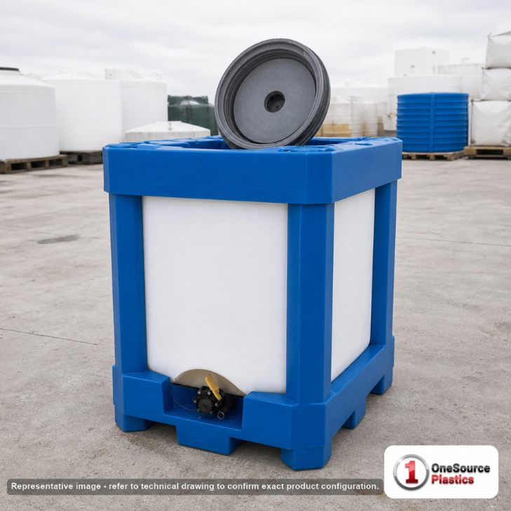 Snyder Industries 220 Gallon HDPE Ultratainer Stackable IBC Tote Tank in Blue. Polyethylene; Blue; 54" H x 46" W x 46" L.