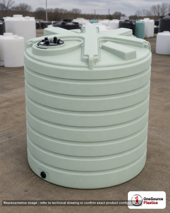 Enduraplas 2500 Gallon Plastic Vertical Liquid Storage Tank in Faint Green. . Manufacturer part number EP-THV02500FG. Sold by OneSource Plastics (https://www.onesourceplastics.com).