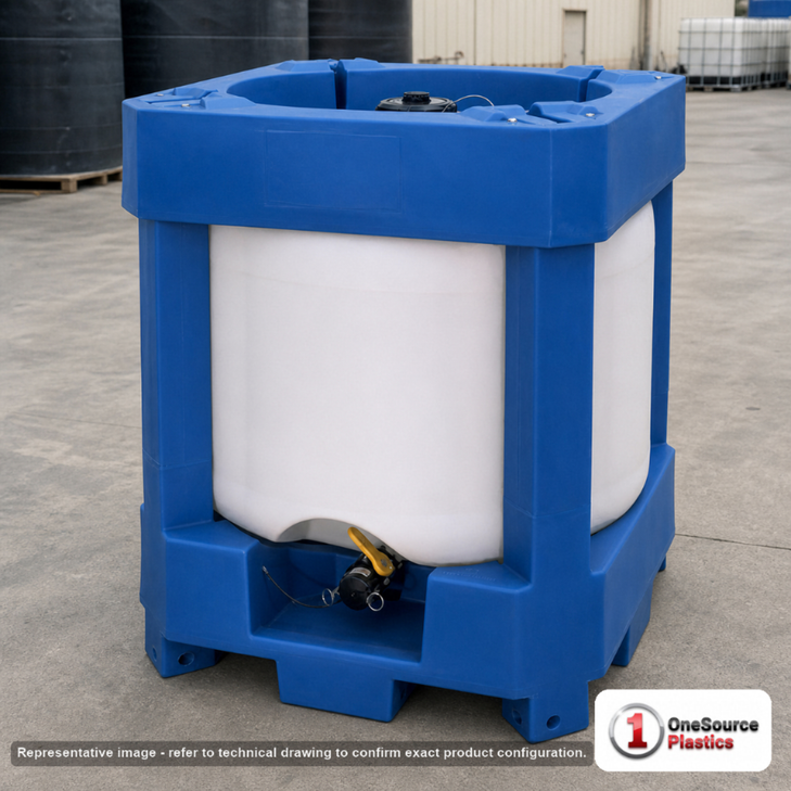 Snyder Industries 275 Gallon HDPE Stackable IBC Tote Tank. High Density Linear Polyethylene; Blue; dimensions 62.0in H x 46.0in W x 46.0in L; 319.0 lb empty; 1.9 specific gravity rating. Manufacturer part number SII-6040011B97216. Sold by OneSource Plastics (https://www.onesourceplastics.com).