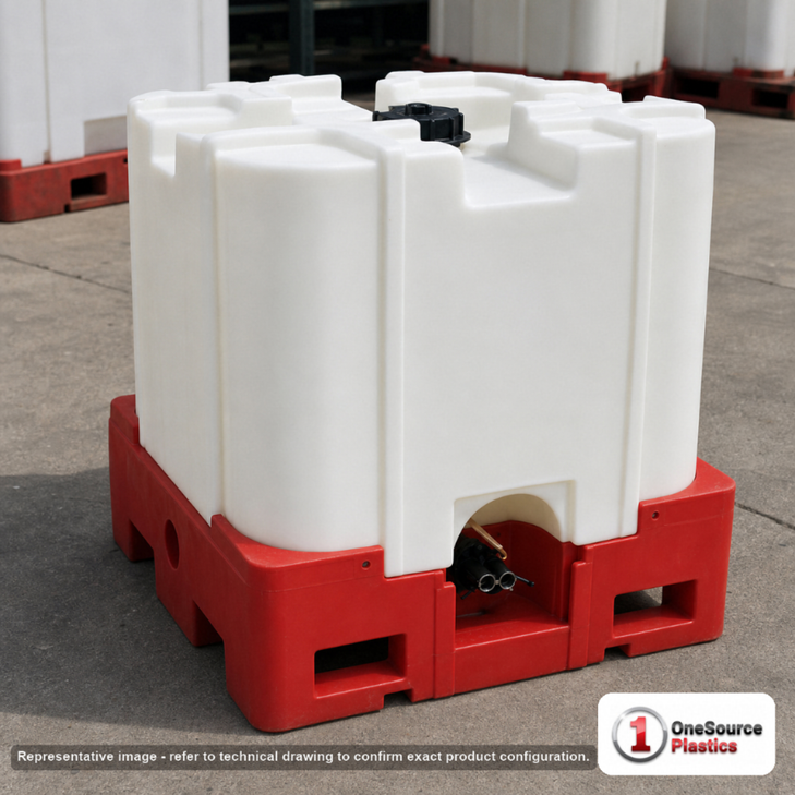 Snyder Industries 275 Gallon HDPE Stackable IBC Tote Tank. Polyethylene; White; dimensions 56.0in H x 45.0in W x 45.0in L; 269.5 lb empty; 1.9 specific gravity rating. Manufacturer part number SII-6620030B97203. Sold by OneSource Plastics (https://www.onesourceplastics.com).
