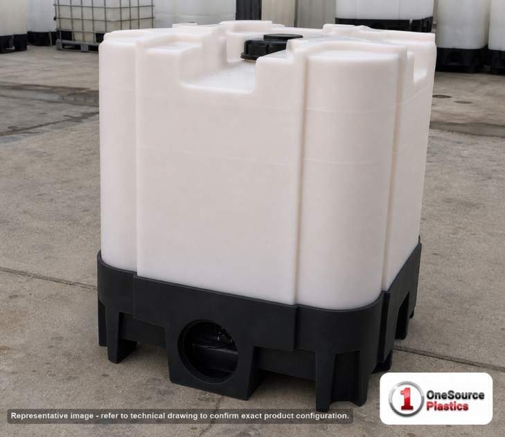 Snyder Industries 275 Gallon Plastic Stackable IBC Tote Tank Payloader System with Viton Gaskets. Polyethylene; White; dimensions 54.0in H x 46.0in W x 46.0in L; 244.2 lb empty; 1.9 specific gravity rating. Manufacturer part number SII-6620030B97205. Sold by OneSource Plastics (https://www.onesourceplastics.com).