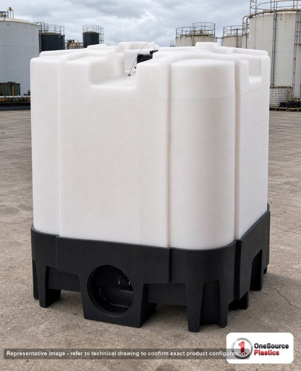 Snyder Industries 330 Gallon HDPE Stackable IBC Tote Tank. Polyethylene; White; dimensions 61.0in H x 45.0in W x 46.0in L; 268.4 lb empty; 1.9 specific gravity rating. Manufacturer part number SII-6610056B97206. Sold by OneSource Plastics (https://www.onesourceplastics.com).