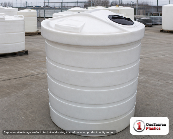 Chem-Tainer 350 Gallon Plastic Vertical Double Wall Liquid Chemical Storage Tank. 350.0 gallon capacity; Polyethylene; Natural White; dimensions 56.0in H x 52.0in W x 52.0in L; 200.0 lb empty; 1.9 specific gravity rating; fittings: 1 Manway / Lid; max temp 120 deg  F / 48 deg  C; 3 Year Warranty. Manufacturer part number TC5256DC. Sold by OneSource Plastics (https://www.onesourceplastics.com).
