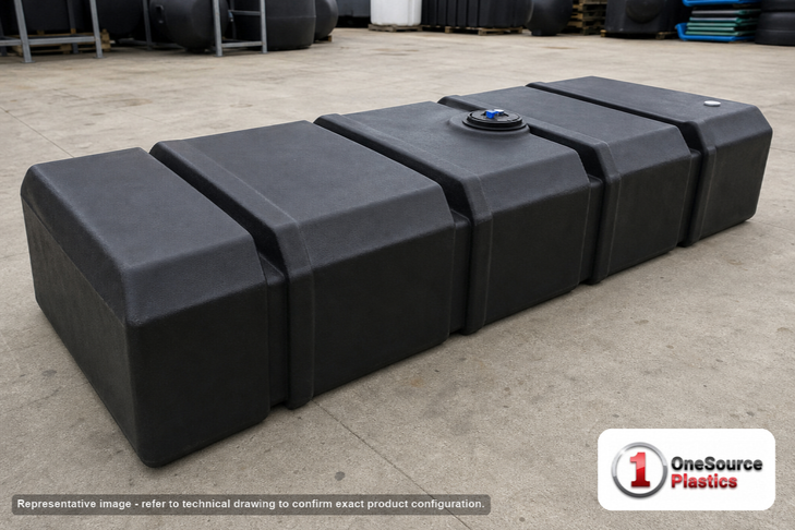Norwesco 500 Gallon Above Ground Septic Holding Tank. 500 gallon capacity; Polyethylene; Black; dimensions 22.0in H x 52.0in W x 130.0in L; 200.0 lb empty; 1.9 specific gravity rating; fittings: 1 Manway / Lid, 2 Ports; max temp 130 deg  F / 54 deg  C; 3 Year Warranty. Manufacturer part number 44863. Manufactured by Norwesco. Sold by OneSource Plastics (https://www.onesourceplastics.com).