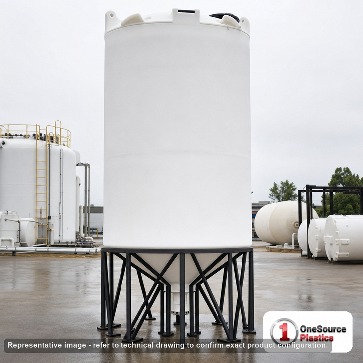 Snyder Industries 6500 Gallon 30 Degree Plastic Cone Bottom Tank. 6500 gallon capacity; Polyethylene; White; dimensions 273.0in H x 90.0in W x 90.0in L; 2100.0 lb empty; 1.5 specific gravity rating; 30-degree cone bottom; fittings: 1 Manway / Lid; max temp 100 deg  F / 37 deg  C; 3 Year Warranty. Manufacturer part number 7180000n43. Manufactured by Snyder. Sold by OneSource Plastics (https://www.onesourceplastics.com).