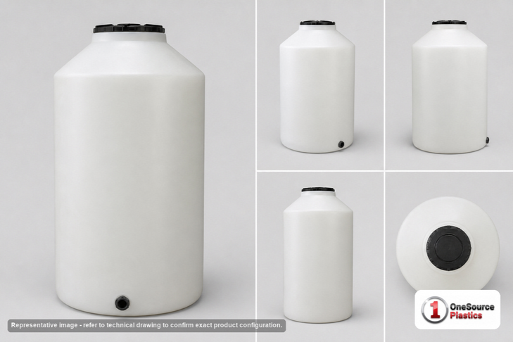 Dimensional spec drawing for Chem-Tainer 75 Gallon Vertical Tank (23" L x 23" W x 49" H)