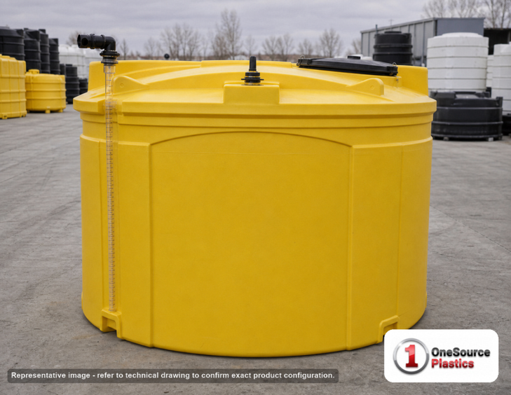 Snyder Industries 750 Gallon Used Oil Containment Tank with Level Gauge. High Density Linear Polyethylene; Yellow; dimensions 66.0in H x 73.0in W x 73.0in L; 300.0 lb empty; 1.9 specific gravity rating. Manufacturer part number SII-5990902N95704. Sold by OneSource Plastics (https://www.onesourceplastics.com).