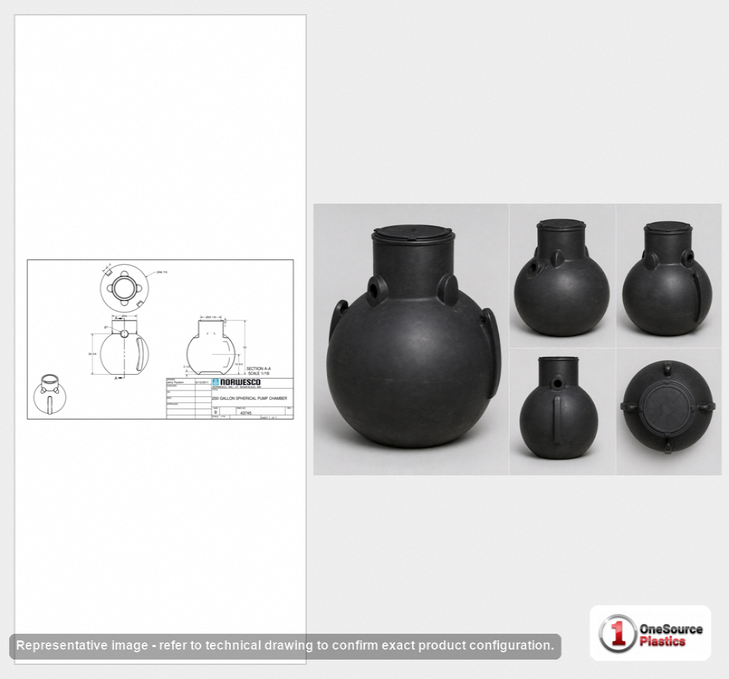 Dimensional spec drawing for Norwesco 200 Gallon Pump Tank (47" L x 47" W x 56" H)