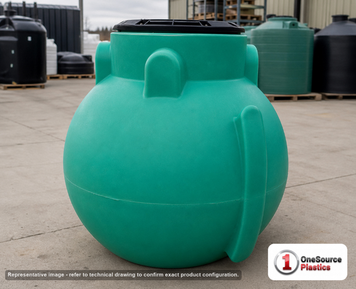 Norwesco Florida Only 225 Gallon Plastic Septic Pump Tank. 225.0 gallon capacity; Polyethylene; Green; dimensions 48.0in H x 47.0in W x 47.0in L; 79.0 lb empty; fittings: 1 Manway / Lid; max temp 130 deg  F / 54 deg  C; 3 Year Warranty. Manufacturer part number 44788. Manufactured by Norwesco. Sold by OneSource Plastics (https://www.onesourceplastics.com).