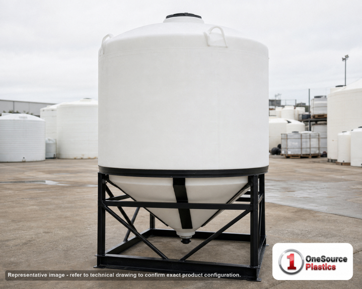 Snyder Industries 1000 Gallon 30 Degree Plastic Cone Bottom Tank. 1000 gallon capacity; Polyethylene; White; dimensions 66.0in H x 86.0in W x 86.0in L; 200.0 lb empty; 1.9 specific gravity rating; 30-degree cone bottom; fittings: 1 Manway / Lid; max temp 100 deg  F / 37 deg  C. Manufacturer part number 1890000n45. Manufactured by Snyder. Sold by OneSource Plastics (https://www.onesourceplastics.com).