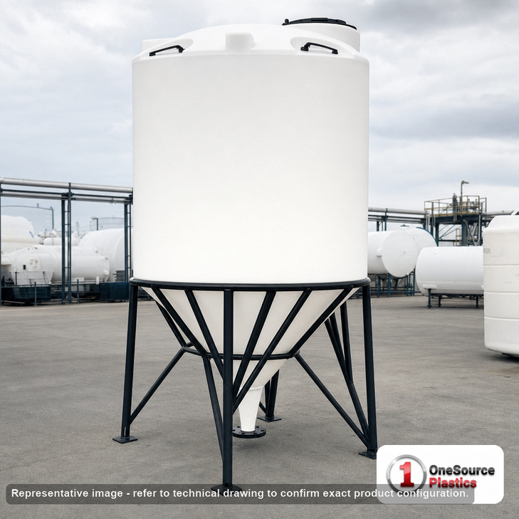 Snyder Industries 1000 Gallon 45 Degree HDPE Cone Bottom Tank in White. 1000 gallon capacity; Polyethylene; White; 103" H x