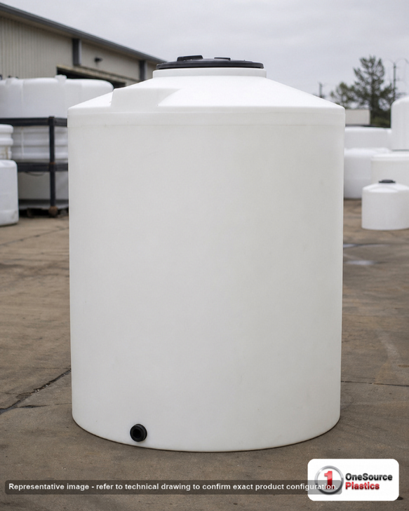 Snyder Industries 1000 Gallon Plastic Vertical Liquid Storage Tank. High Density Linear Polyethylene; White; dimensions 89.0in H x 60.0in W x 60.0in L; 200.0 lb empty; 1.9 specific gravity rating. Manufacturer part number SII-1831000C126. Sold by OneSource Plastics (https://www.onesourceplastics.com).