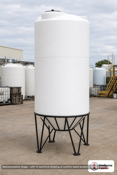 Snyder Industries 1500 Gallon 45 Degree HDPE Cone Bottom Tank in White. Polyethylene; White; dimensions 140.75in H x 64.0in W x 64.0in L; 315.0 lb empty; 1.9 specific gravity rating. Manufacturer part number SII-5010000N45. Sold by OneSource Plastics (https://www.onesourceplastics.com).