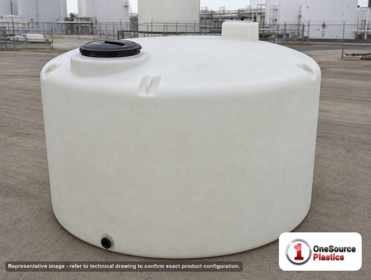 Chem-Tainer 1550 Gallon Plastic Vertical Liquid Storage Tank. 1550.0 gallon capacity; Polyethylene; dimensions 65.0in H x 87.0in W x 87.0in L; 250.0 lb empty; 1.5 specific gravity rating; fittings: 2". Manufacturer part number TC8765IC. Sold by OneSource Plastics (https://www.onesourceplastics.com).